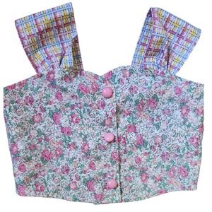 Vintage‎ 80s handmade kids 4/5 Floral Crop Top Pink Cottagecore Button Tank